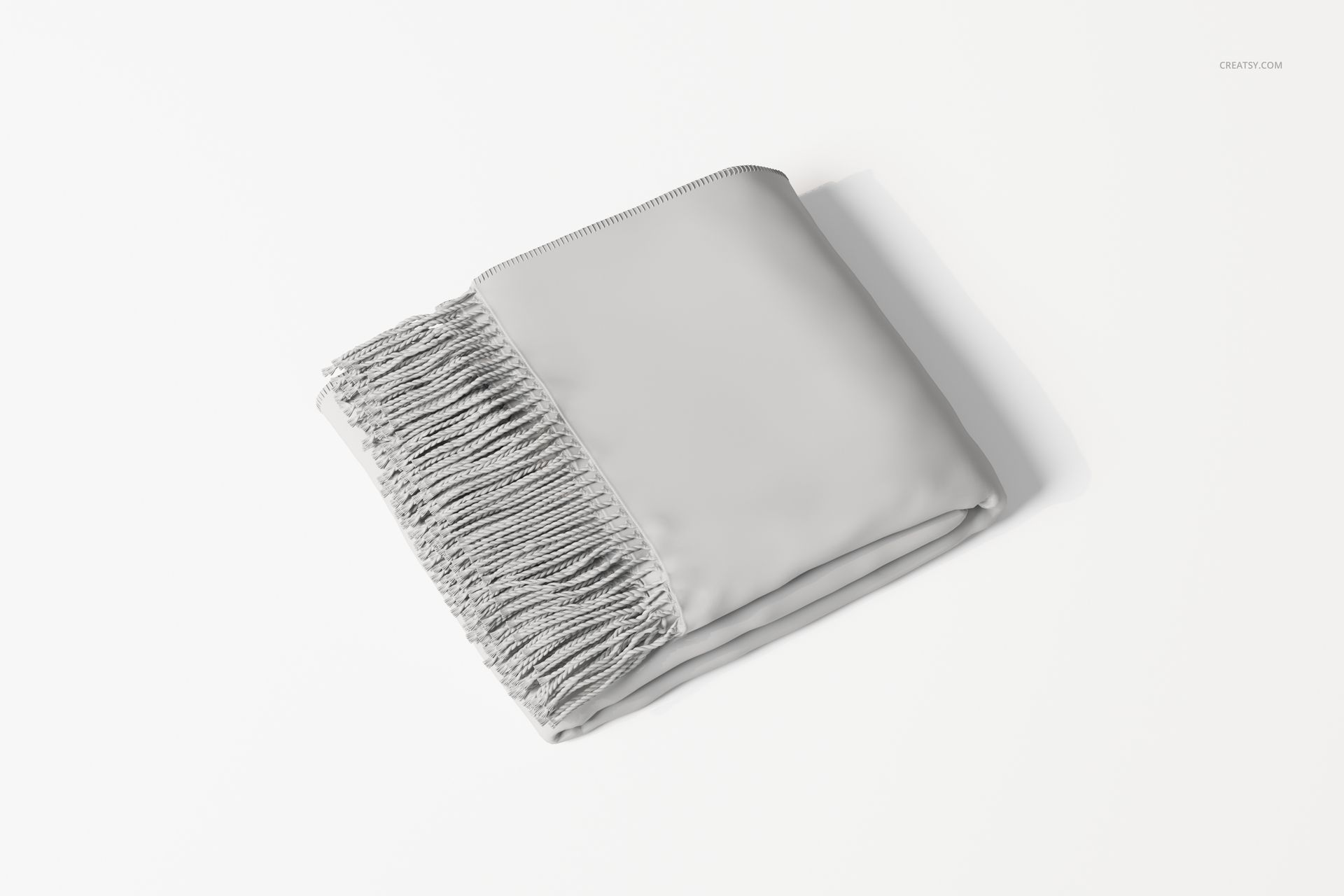 Folded throw blanket in light gray color with fringed edge, shown from a top angle on a plain white background.