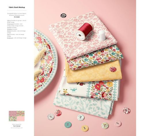 Stack of six folded fabric pieces with various floral and geometric patterns, viewed from above on a pink surface.