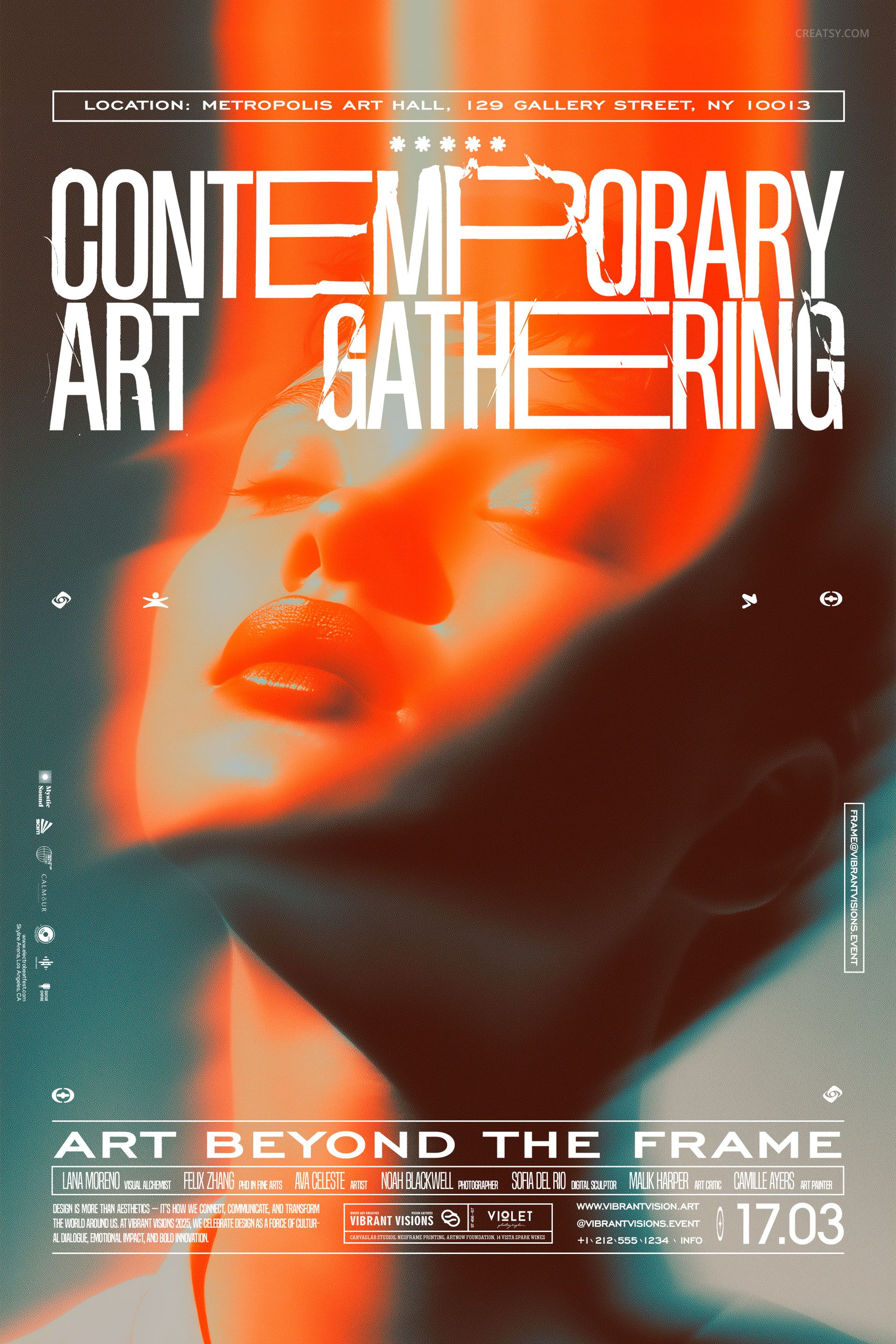 PSD mockup of a vertical poster with modern design, abstract color overlays, and clear event details at the bottom.