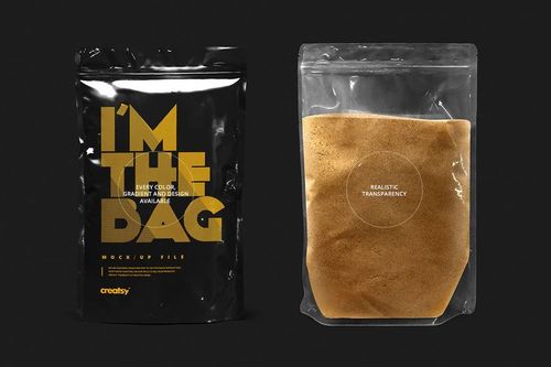 Mockup showing two zip lock bags side by side, one black with bold lettering and one clear containing brown powder.