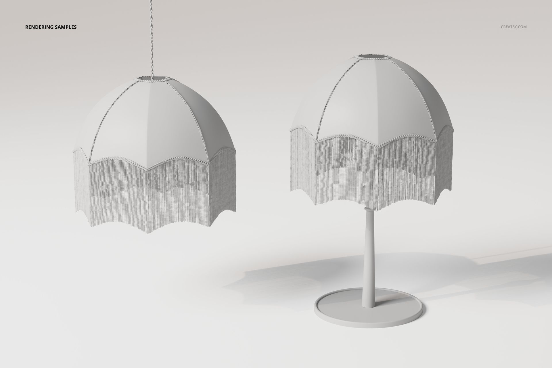 Front view of two art deco boudoir lamps, one hanging and one standing, both with scalloped shades and fringe trim.