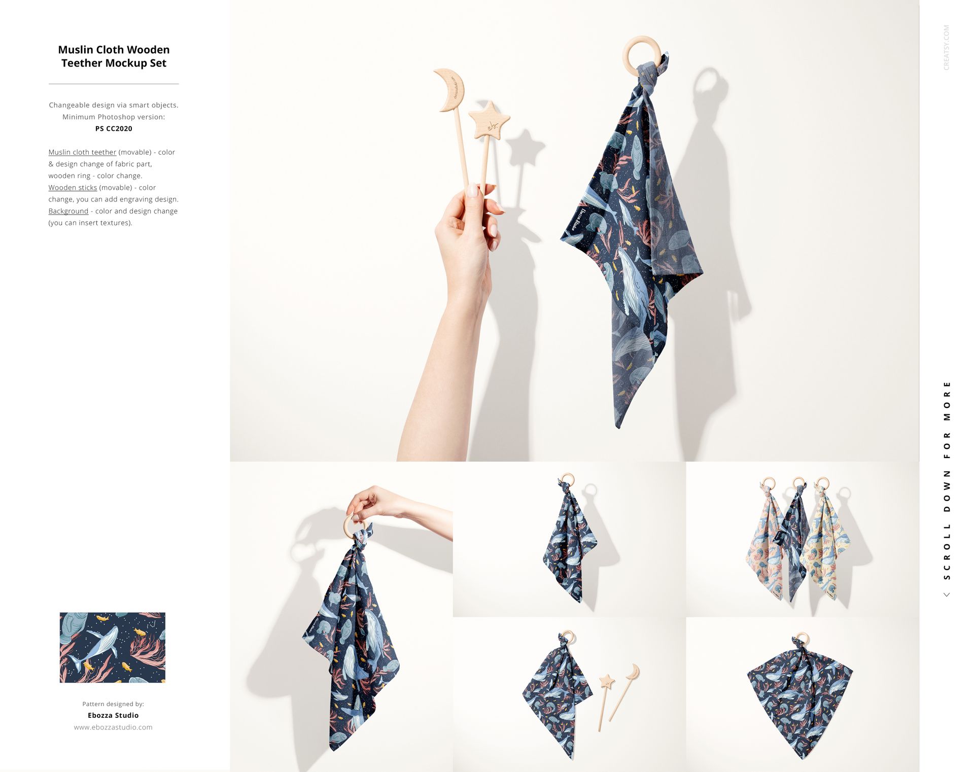 Muslin cloth and wooden teether set mockup featuring blue patterned fabric, shown in various arrangements and perspectives.