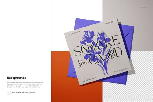 PSD mockup of a square greeting card featuring blue flowers, displayed on a purple envelope with layered backgrounds.