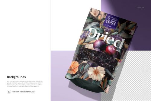 Front view of a paper pouch mockup featuring dried plums and floral illustrations, angled on a split white and transparent background.