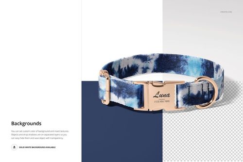 Dog collar mockup featuring abstract blue and white design, gold hardware, and customizable engraved plate.