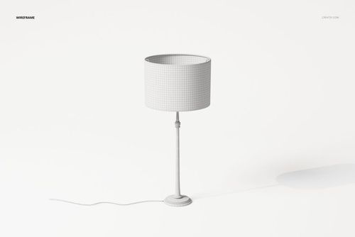 Front view of a modern table lamp 3D model with cylindrical shade and wireframe texture on a white background.