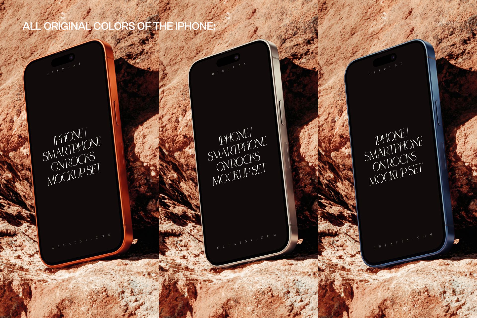 PSD mockup featuring three iPhones in original colors, positioned upright on rugged rocks with dramatic lighting.