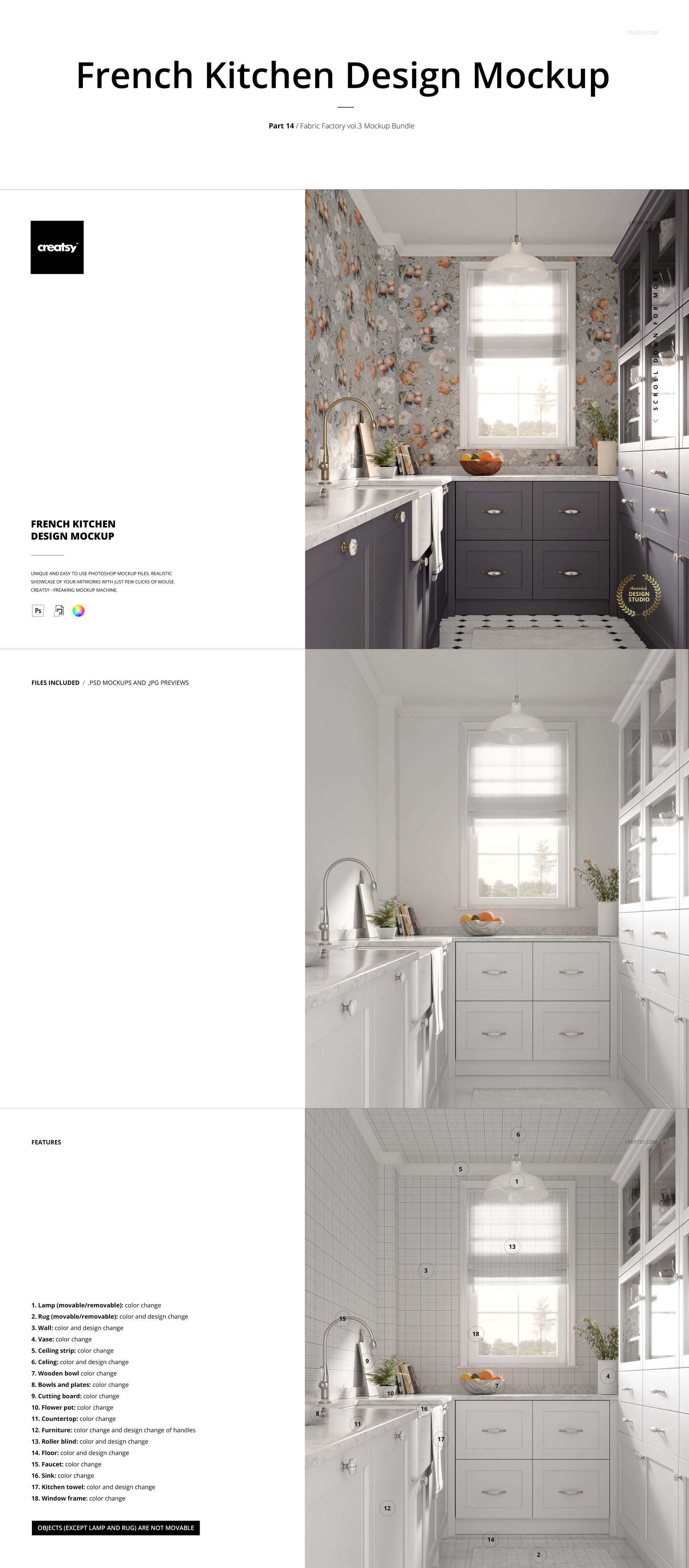 Modern kitchen interior with floral wallpaper mockup, white cabinets, and gray lower cupboards in natural light.