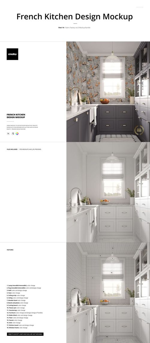 Modern kitchen interior with floral wallpaper mockup, white cabinets, and gray lower cupboards in natural light.