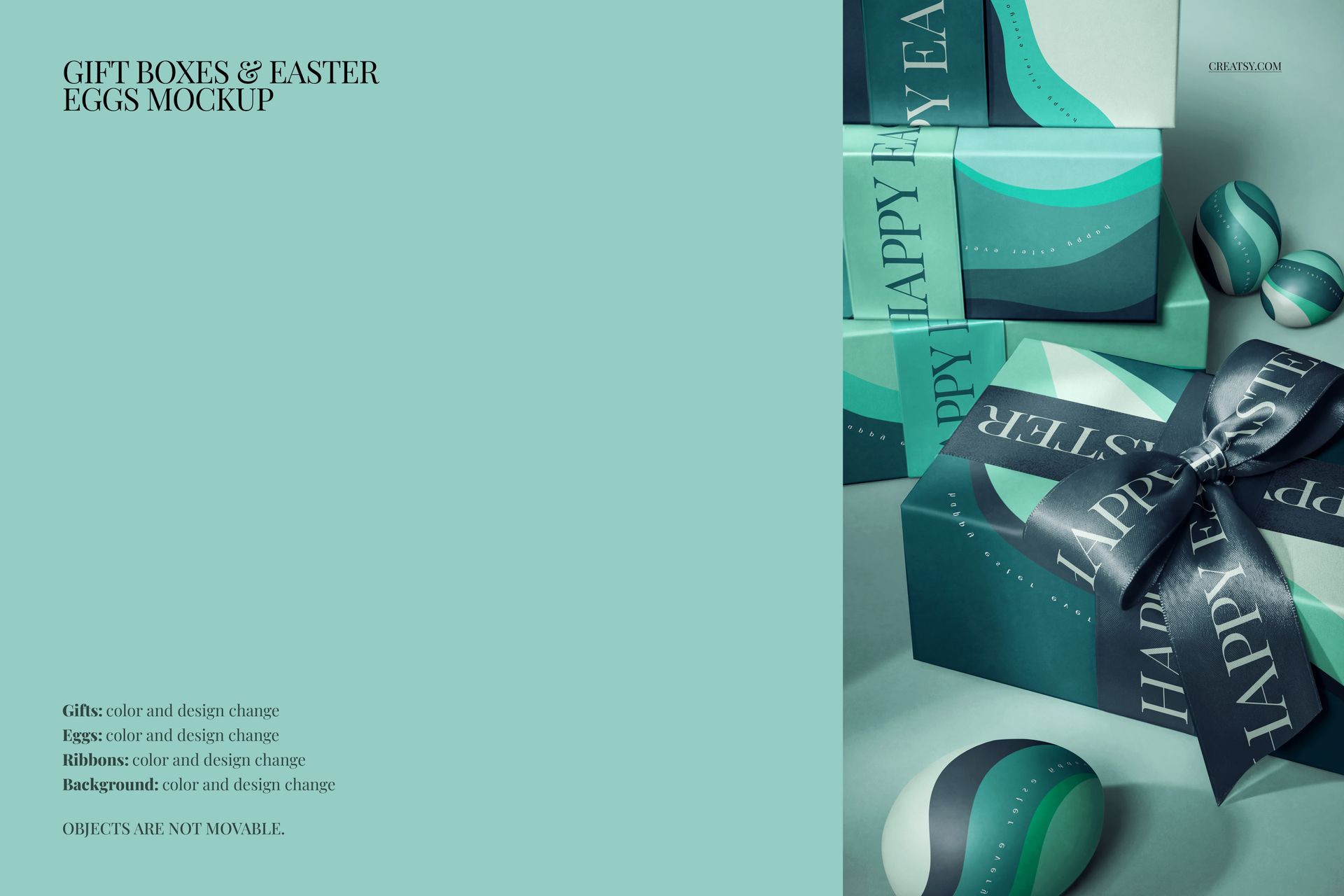 Front view of Easter-themed gift boxes and decorated eggs in green and teal tones with ribbon and bow mockup.
