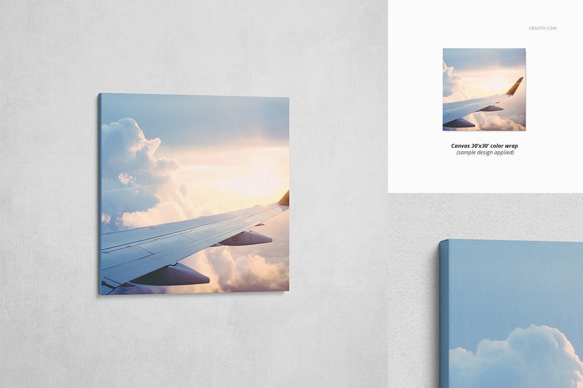 PSD mockup of a square canvas print with soft pastel sky and wing, shown against a concrete wall background.