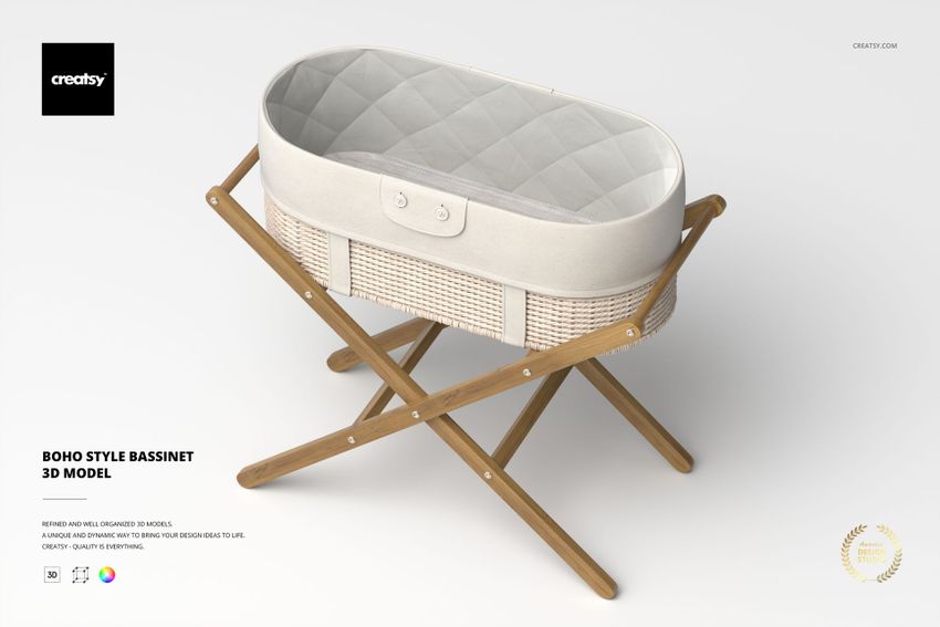 Boho style bassinet with an oval quilted cushion, beige fabric sides, and woven rattan details on wooden legs, front view.