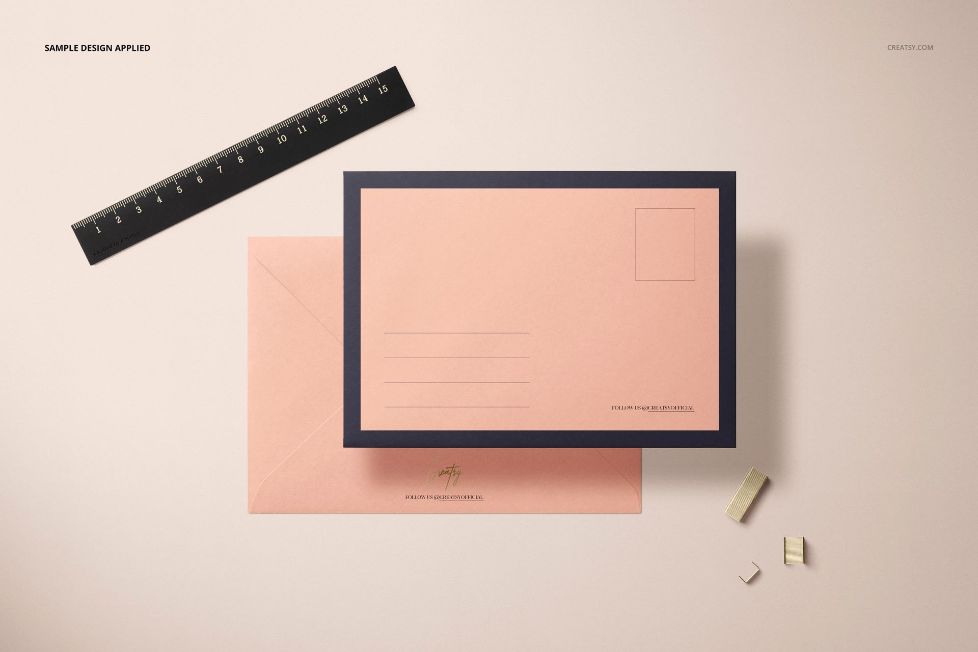 C6 envelope mockup set featuring two peach-colored envelopes with dark borders, shown from a top view on a light surface.