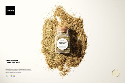 Oregano jar mockup featuring a clear glass container with a white label, surrounded by loose oregano, top perspective.