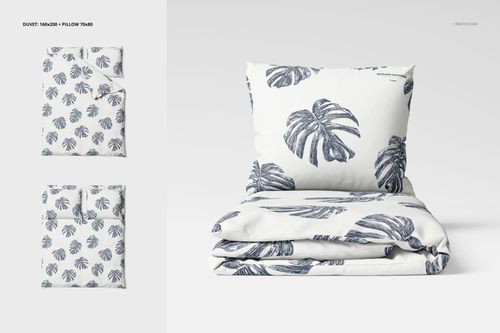 Front view of a bedding set mockup with white duvet and pillow featuring dark leaf patterns, shown on a plain background.