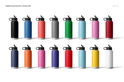 PSD mockup showing multiple 32 oz. water bottles with powder coated finishes, displayed in a grid with vibrant color options.