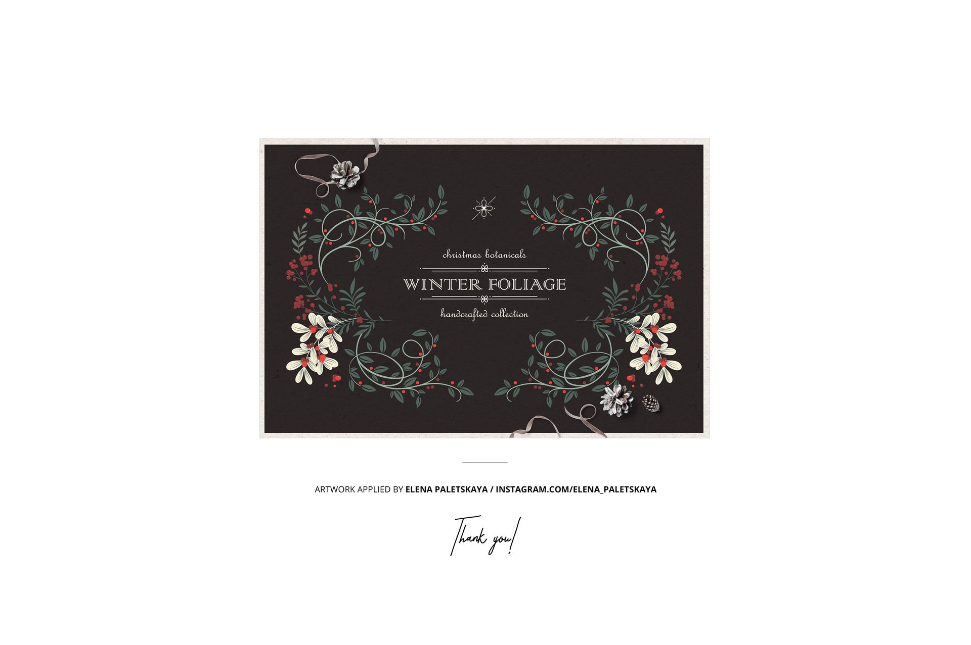 Front view of a wrapping paper mockup displaying botanical and berry patterns on a black backdrop with decorative text.