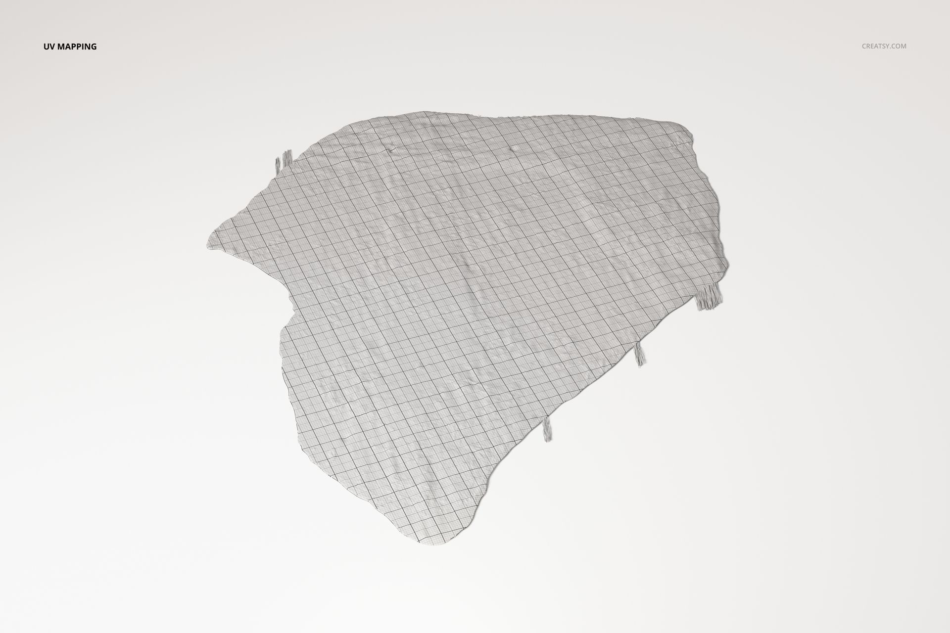 Top view of a fabric rug shaped like a continent outline, featuring a grid pattern on a plain white background.