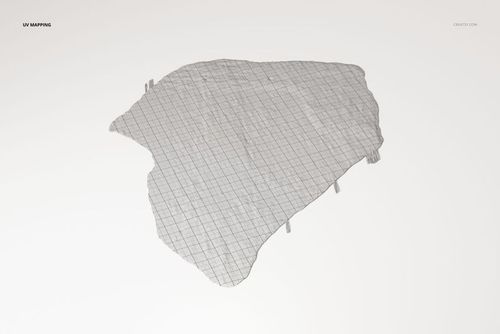Top view of a fabric rug shaped like a continent outline, featuring a grid pattern on a plain white background.
