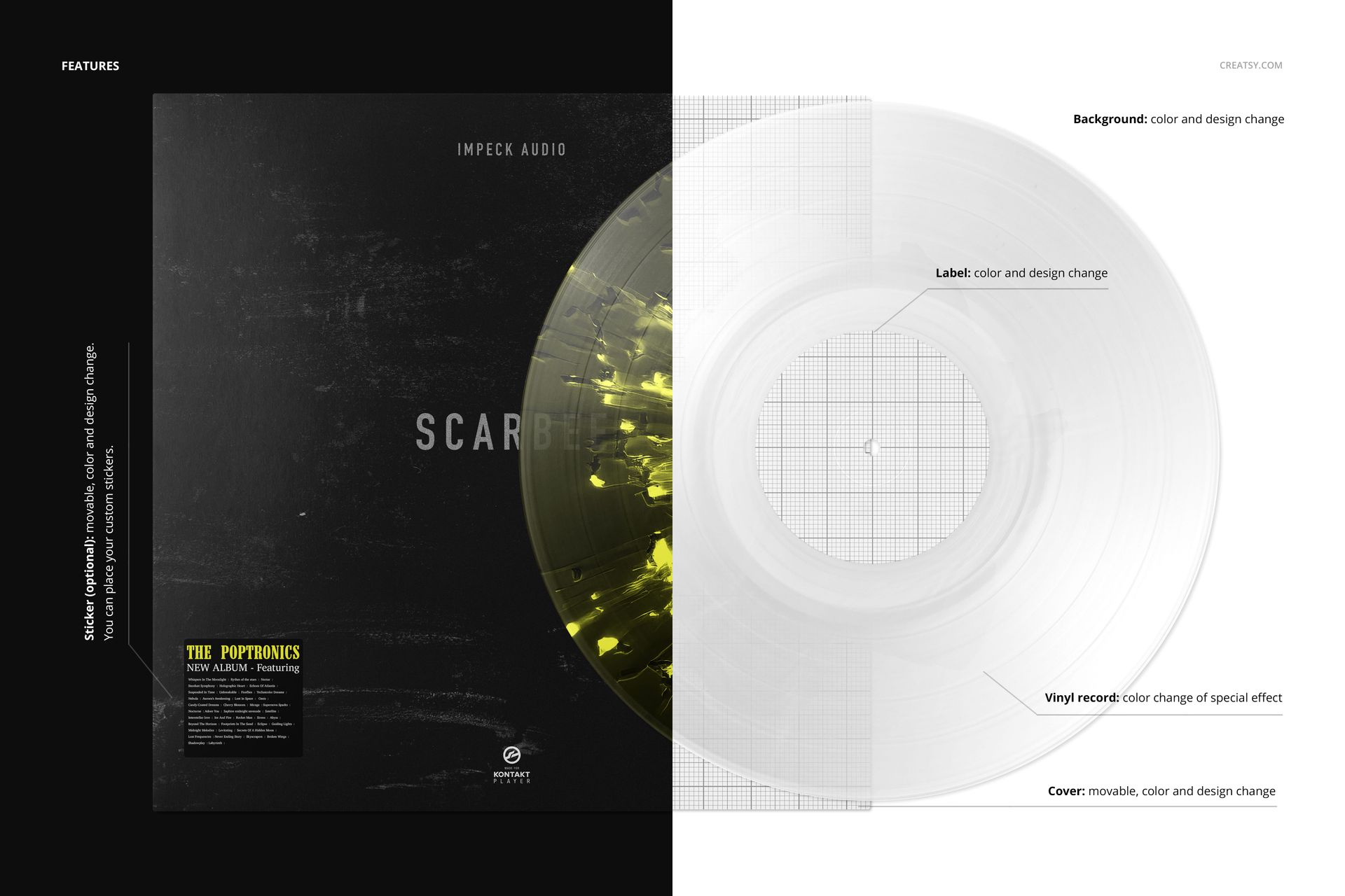 Front view of a vinyl record and cover mockup with splatter effect, featuring black and transparent backgrounds.