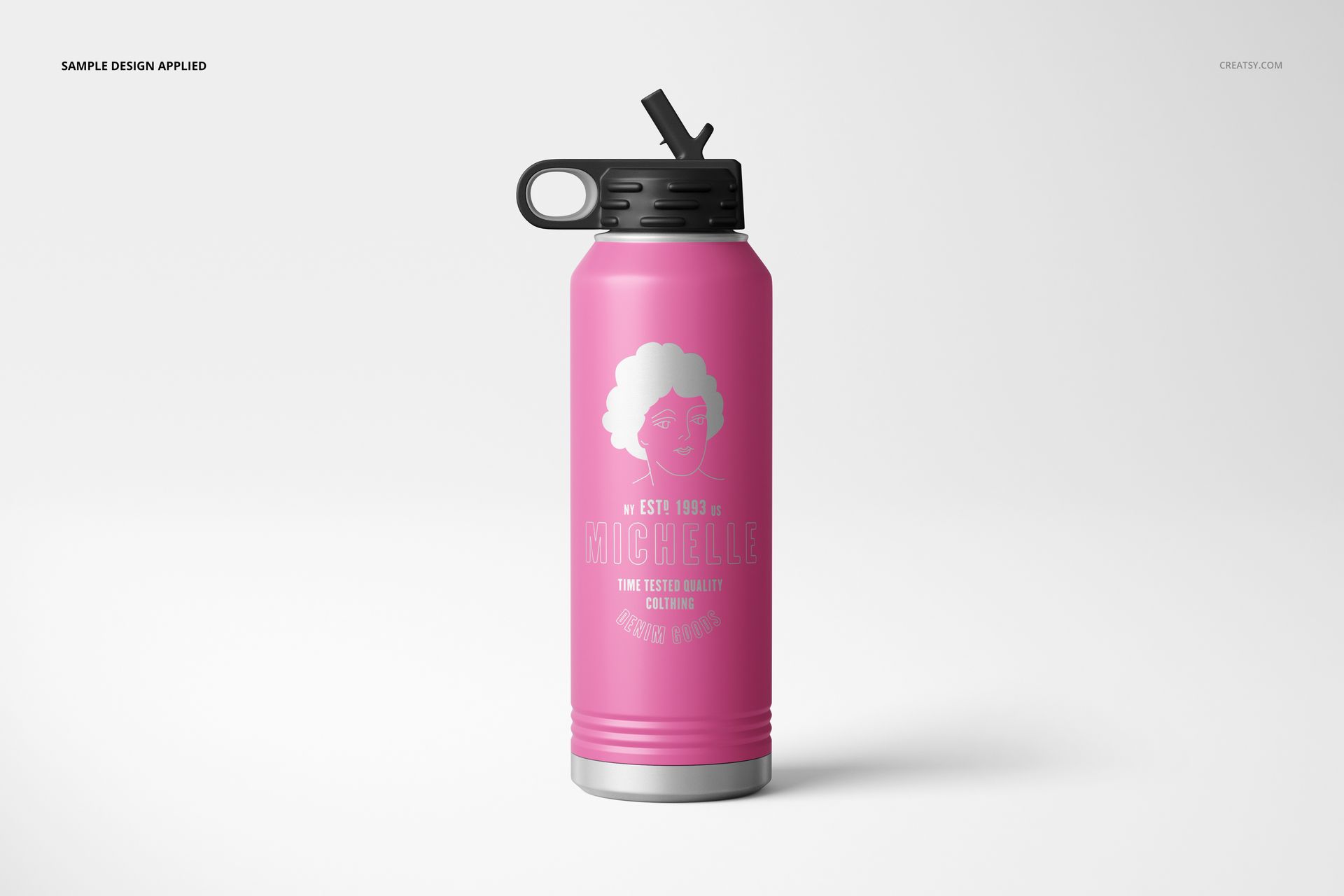 Front view of a powder coated 40 oz. water bottle mockup in bright pink with a silver graphic design, set against a plain white background.