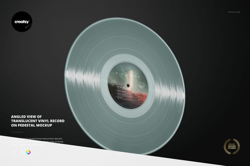 Translucent vinyl record mockup shown at an angle, featuring a pedestal base and a gradient dark backdrop.