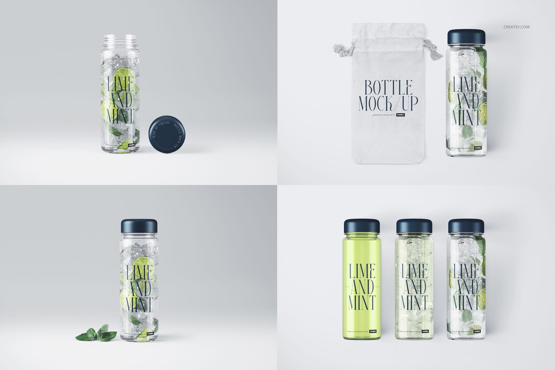 Clear water bottle mockup set featuring transparent bottles with lime and mint, shown from various angles and styles.