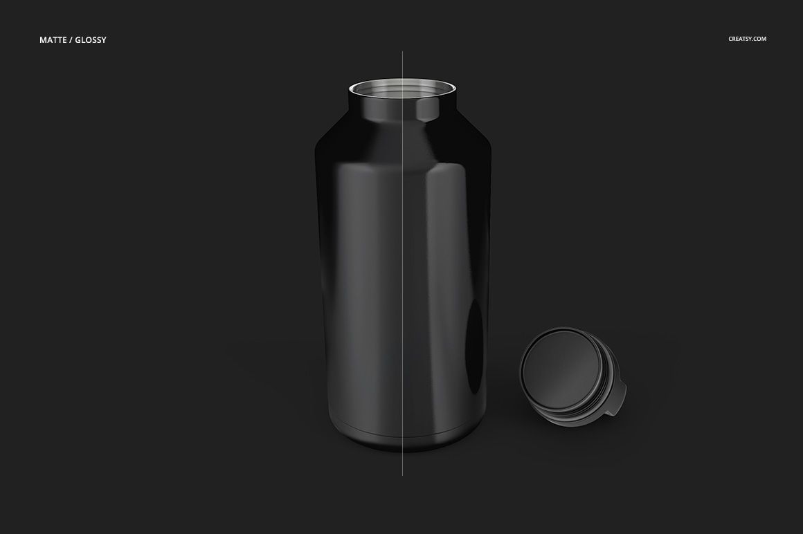 64oz insulated stainless steel tumbler mockup with removable lid displayed upright, split matte and glossy effect.