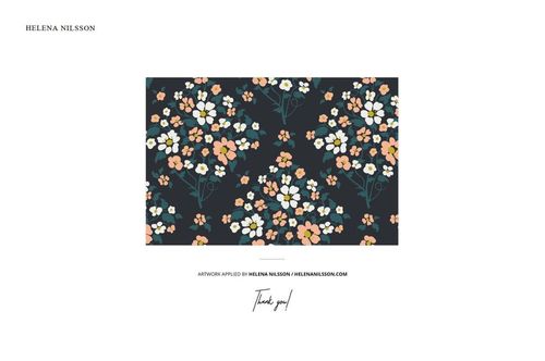 Front view of jersey fabric mockup featuring a floral pattern with orange, white, and teal flowers on a dark background.