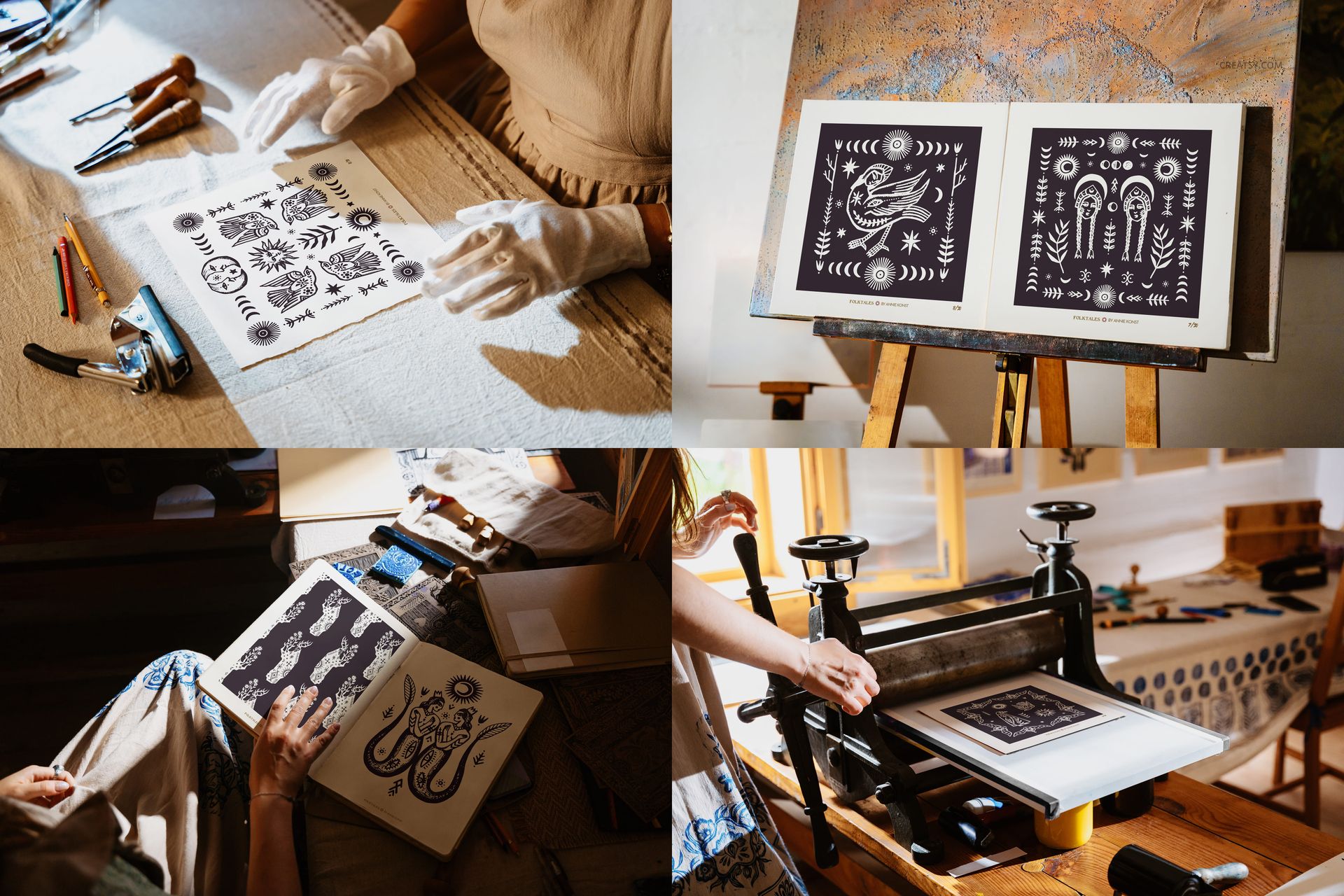Four folk art print mockups featuring dark blue and white patterns in frames and printmaking setups, shown indoors.