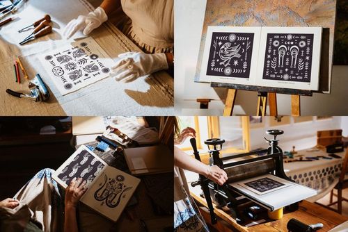 Four folk art print mockups featuring dark blue and white patterns in frames and printmaking setups, shown indoors.
