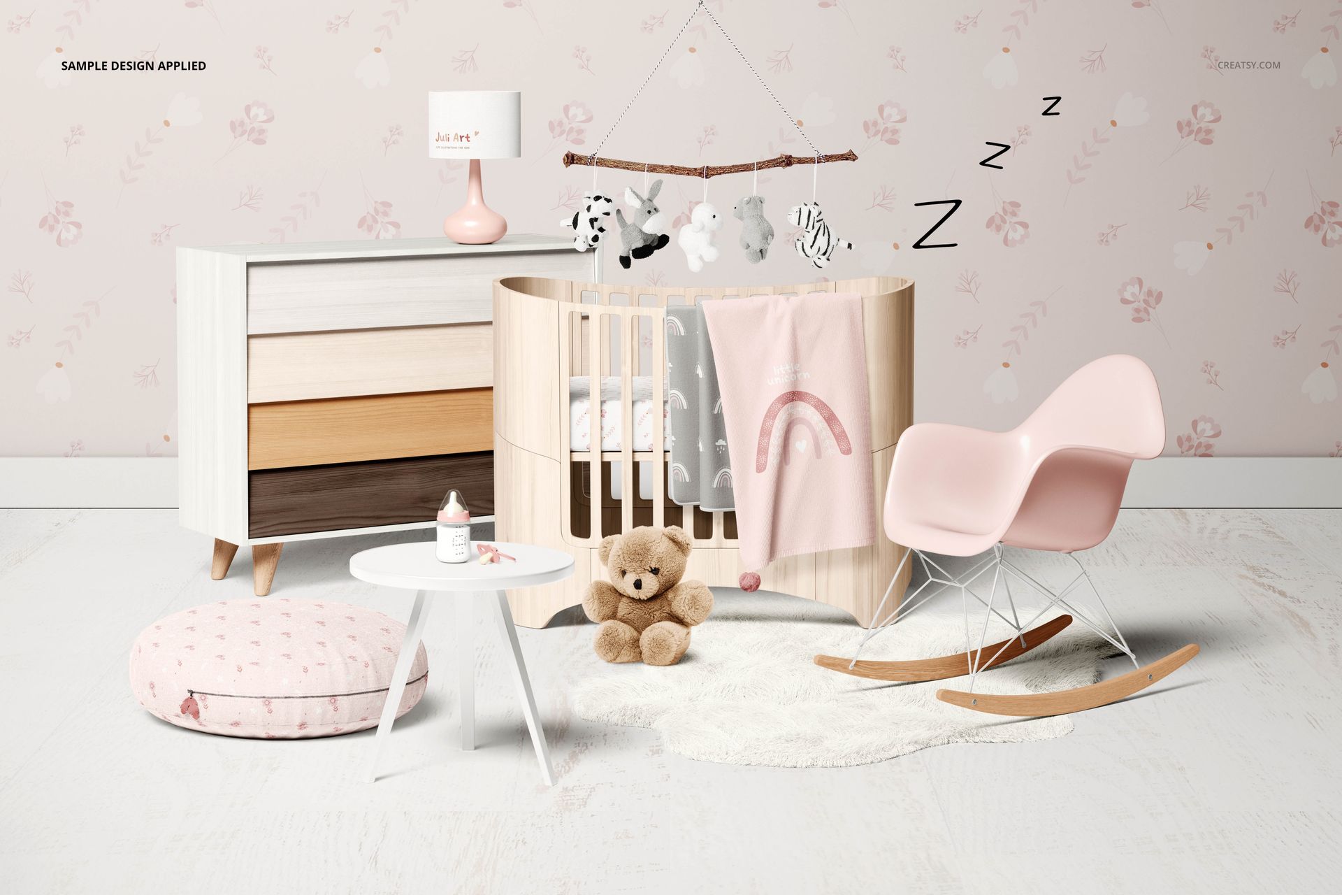 Baby room mockup showing a crib, dresser, rocking chair, and soft toys in a pastel-themed nursery setting.