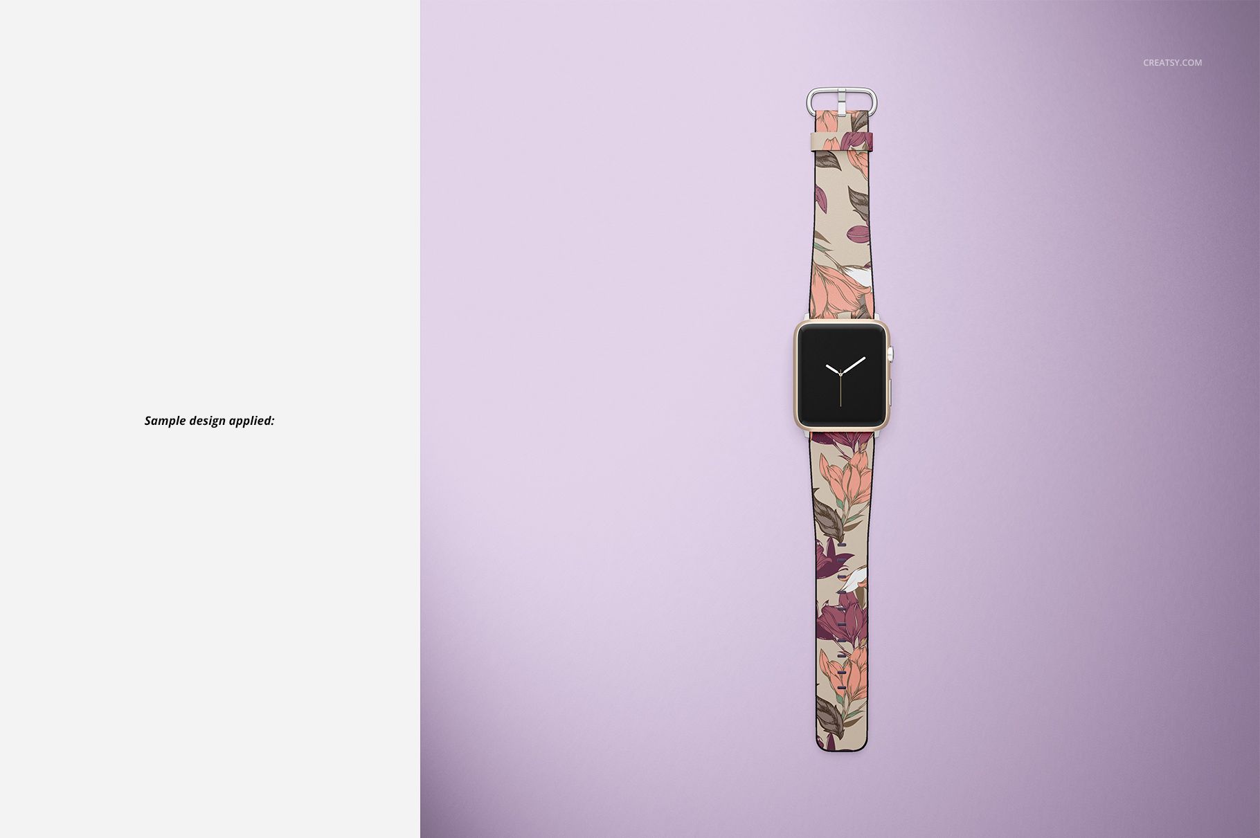 Top view of an Apple Watch mockup with a floral leather band, set against a soft purple gradient backdrop.