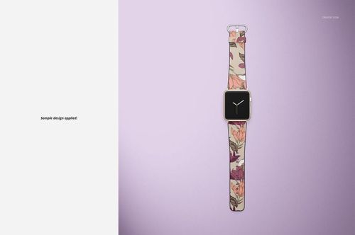 Top view of an Apple Watch mockup with a floral leather band, set against a soft purple gradient backdrop.