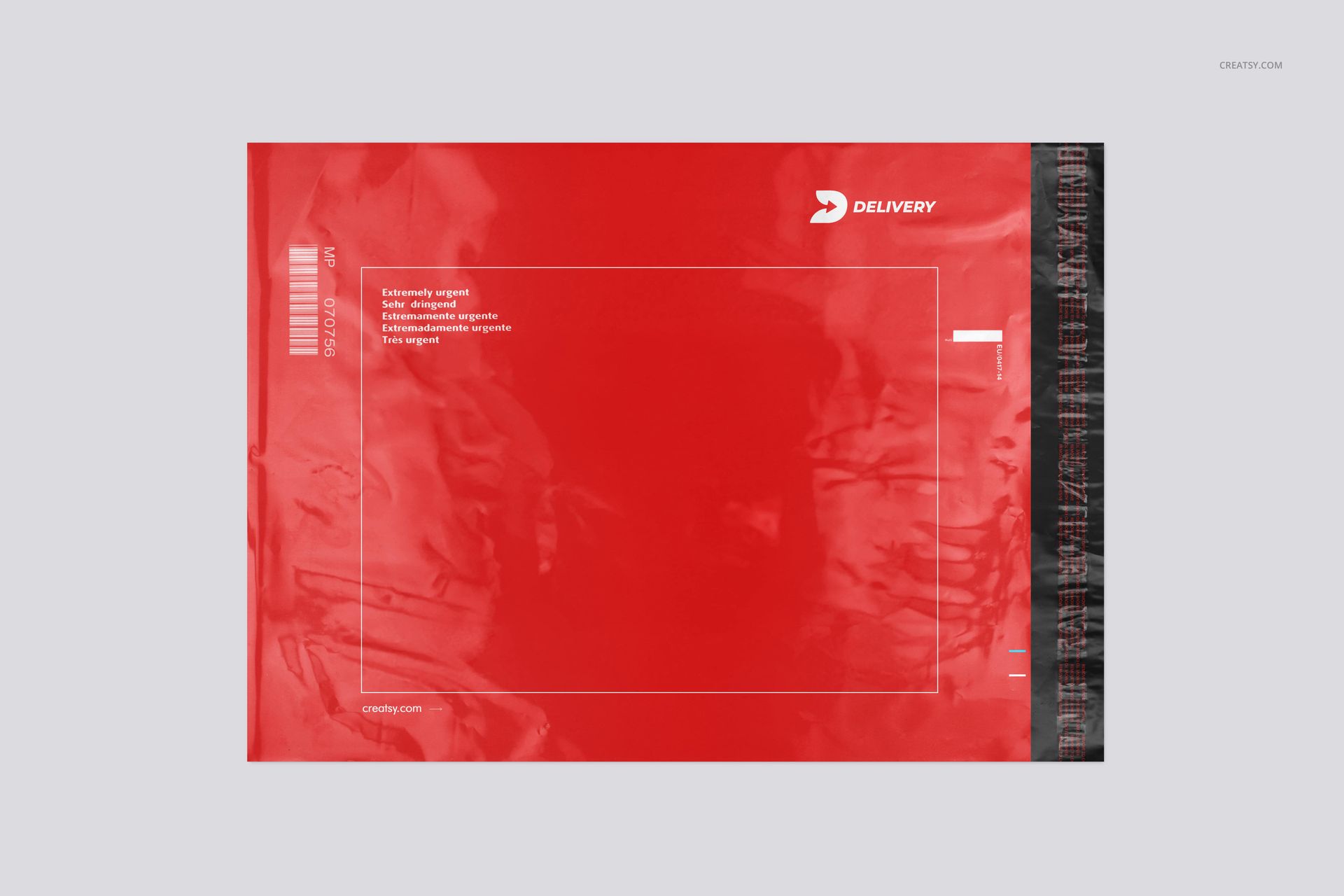 Top view of a bright red poly mailer mockup featuring a delivery logo, barcode, and black adhesive strip.