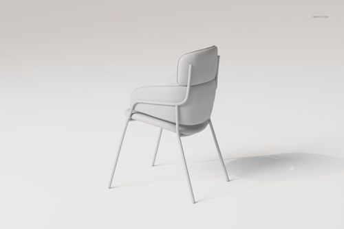 Modern arm dining chair with padded seat and backrest in light gray, shown from a rear side angle on a plain background.