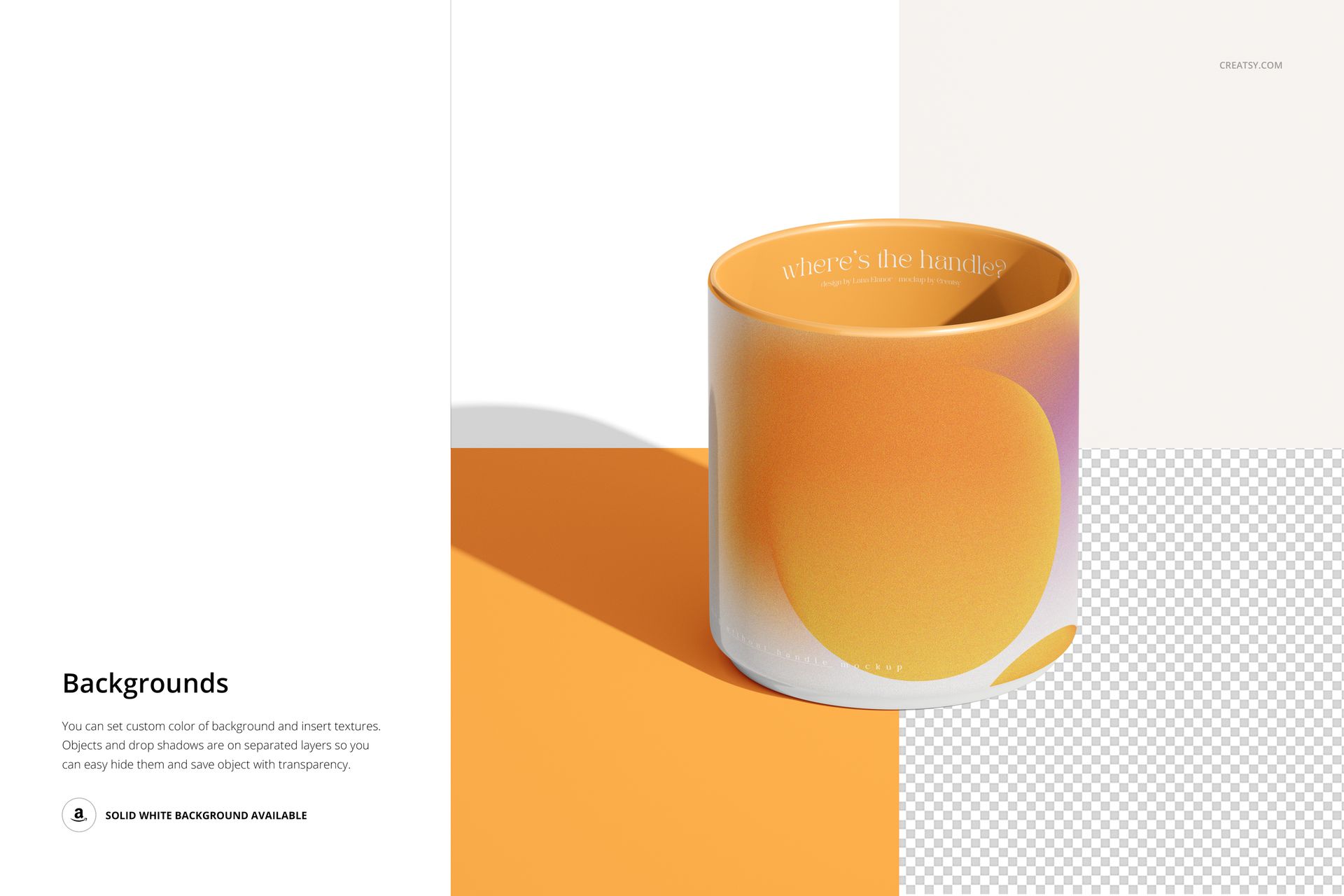 PSD mockup of a mug without a handle, displaying a modern gradient design in orange and yellow tones, set against a white and orange surface.