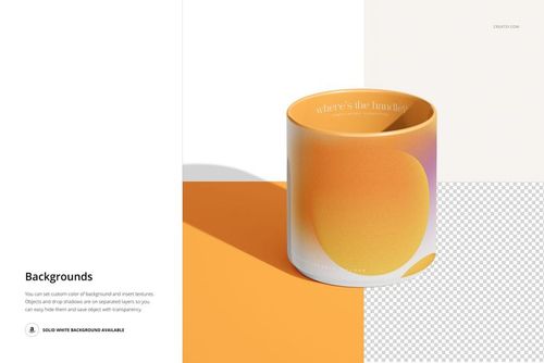 PSD mockup of a mug without a handle, displaying a modern gradient design in orange and yellow tones, set against a white and orange surface.