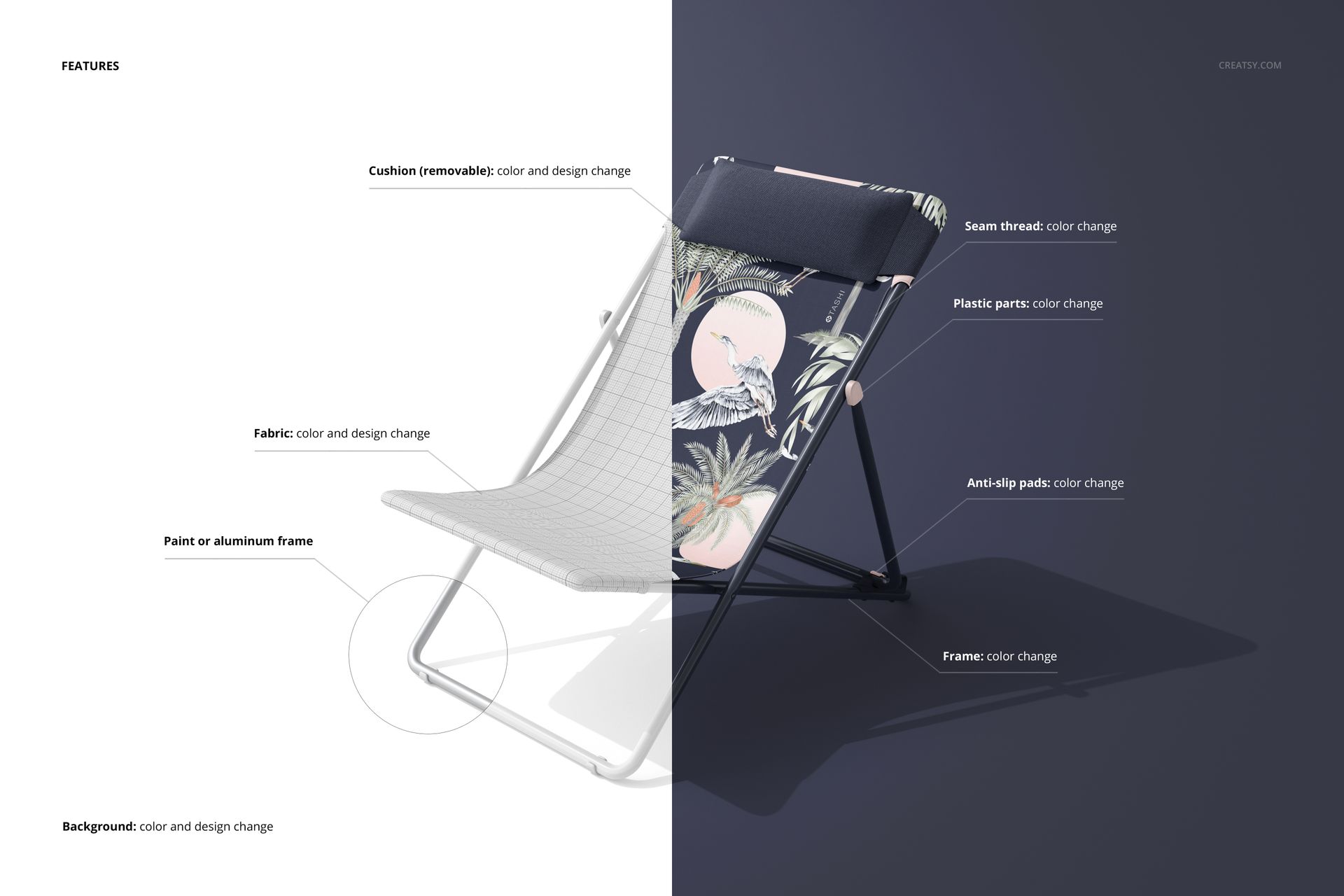 Folding beach chair mockup shown from a side angle, featuring a split background and tropical pattern on fabric.