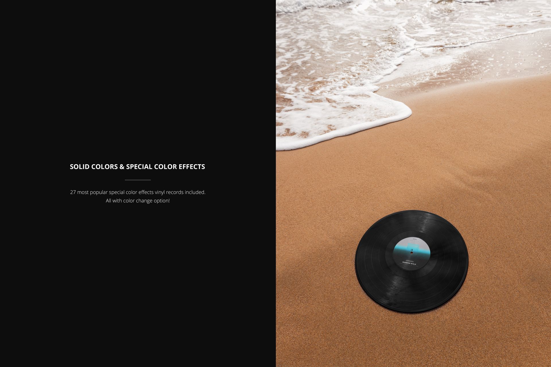 Black vinyl record lying on smooth sandy beach near gentle ocean waves, viewed from above in a realistic mockup scene.