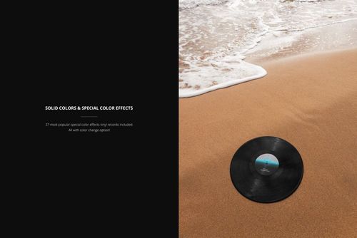 Black vinyl record lying on smooth sandy beach near gentle ocean waves, viewed from above in a realistic mockup scene.