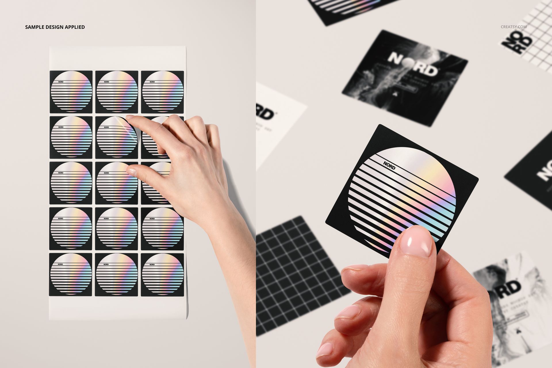 Square stickers with holographic circular patterns and black backgrounds, shown in a stationery mockup set from a top view.