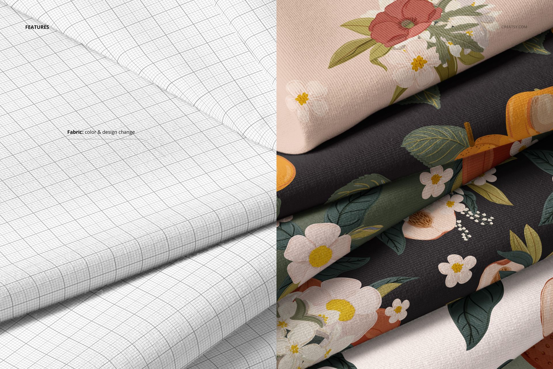 Stacked jersey fabric mockup with a split view: white grid pattern on one side, colorful florals on the other.
