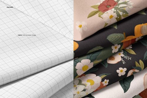 Stacked jersey fabric mockup with a split view: white grid pattern on one side, colorful florals on the other.