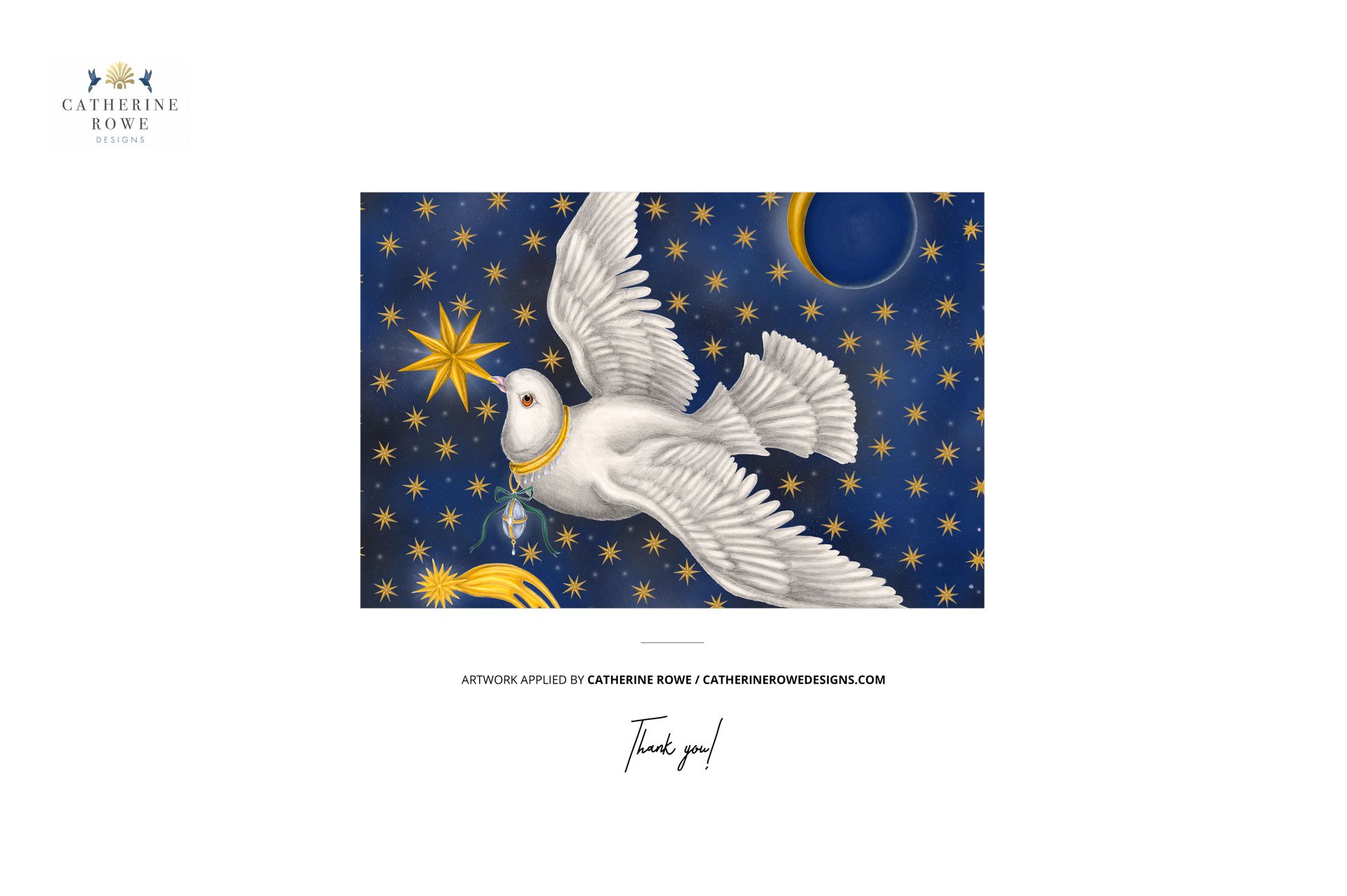 Round ornament mockup featuring a white dove holding a star, set against a dark blue background with gold stars.