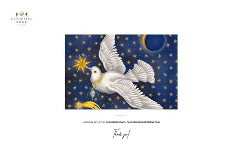 Round ornament mockup featuring a white dove holding a star, set against a dark blue background with gold stars.