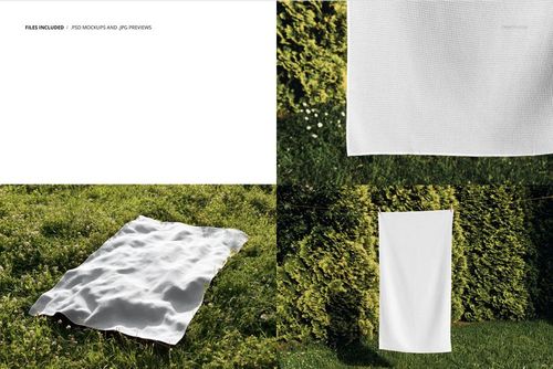 White waffle beach towel mockup displayed outdoors on green grass, featuring a textured fabric surface.