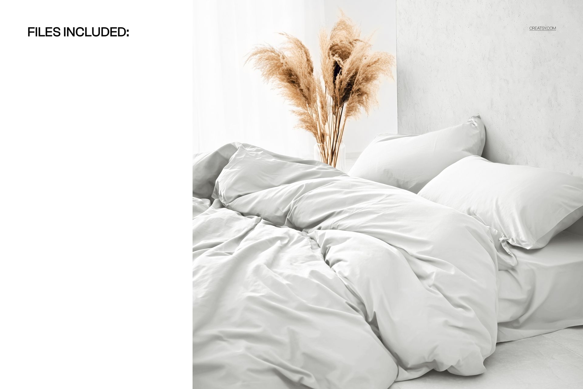 White duvet cover and matching pillowcases mockup displayed on a bed with natural pampas grass in a minimal bedroom.