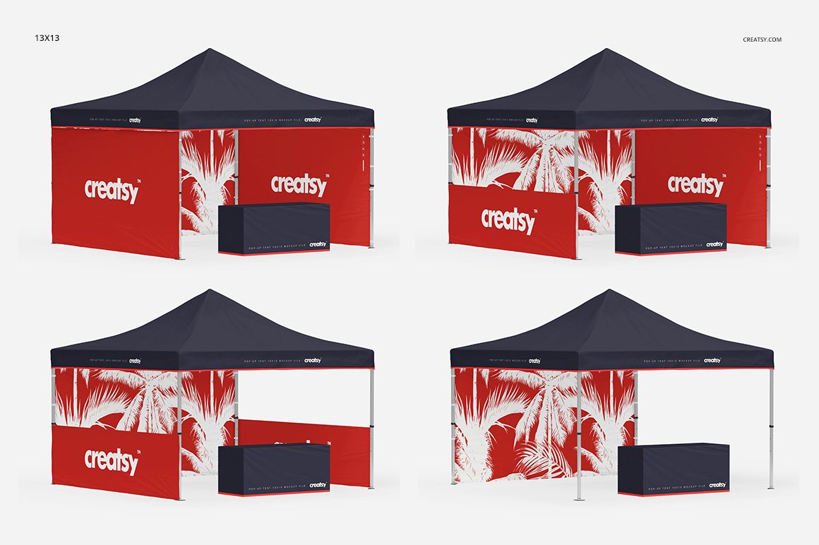 Set of four pop-up tent mockups in various sizes, shown from a front angle with red and navy color scheme and tropical prints.