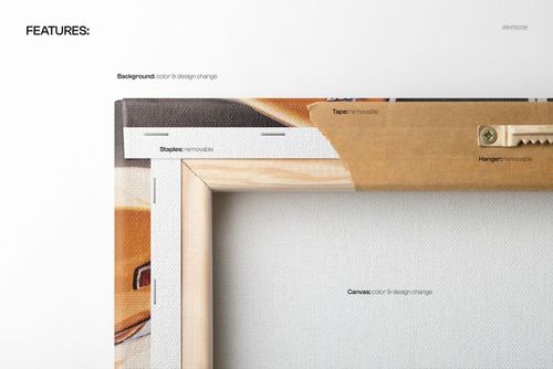 Close-up view of a cotton glossy canvas mockup showing gallery wrap edges, staples, and wooden frame details.